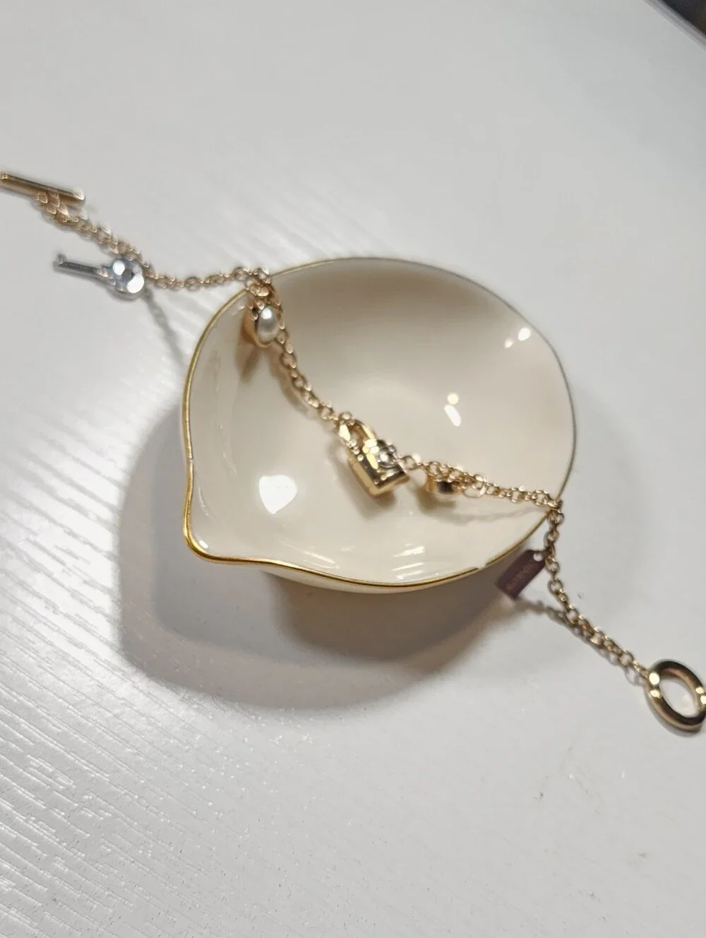 Coach Signature Padlock & Key Pearl Charm Bracelet Gold Silver Toggle Clasp